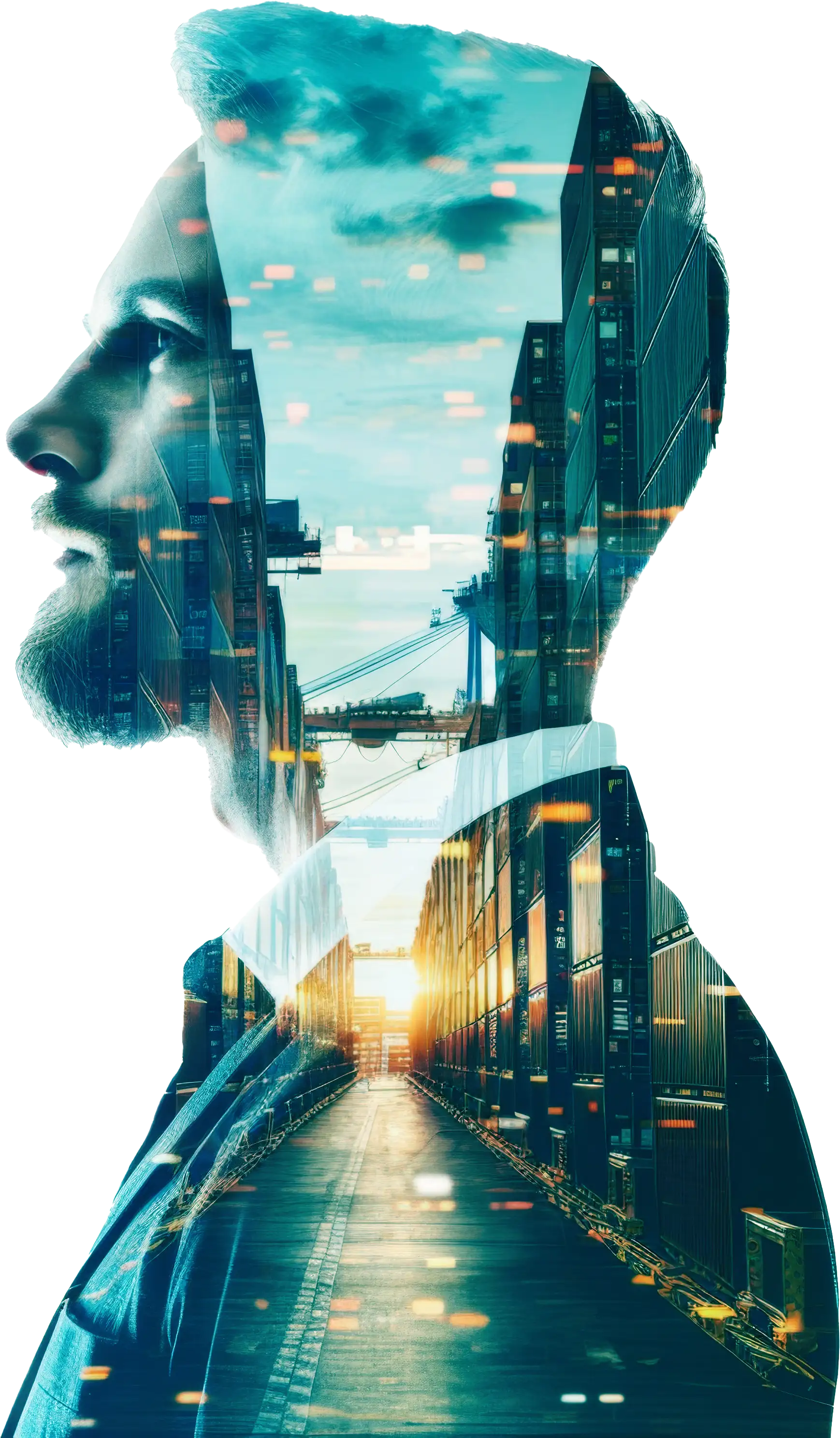 Double exposure effect combinining the profile of a man with a bustling industrial scene